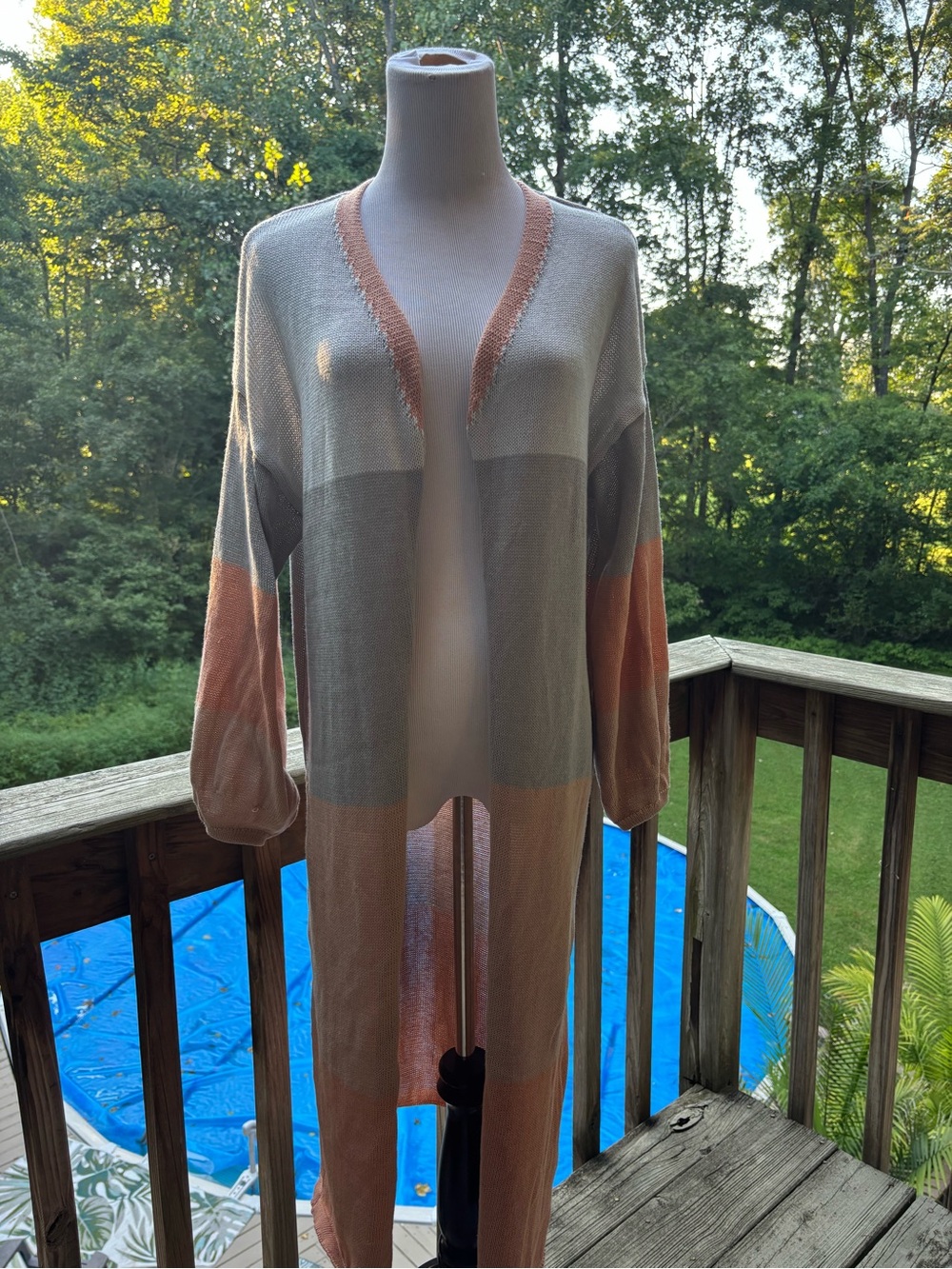 Storia Peach and Gray Colorblock Open-Front Long Cardigan